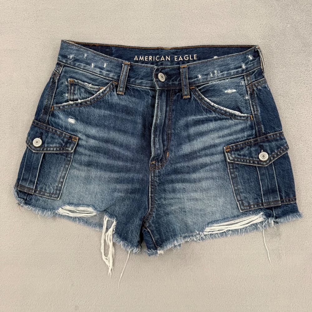American Eagle Super Hi-Rise Festival Cargo Denim Shorts Distressed Women's Sz 4
